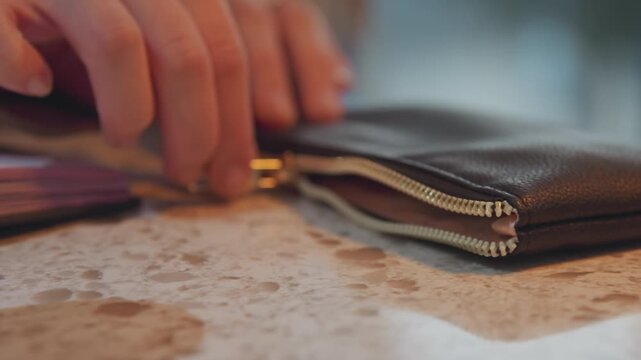 Close up of hands interacting with black leather wallet and pink notebook on textured surface. Wallet is unzipped revealing interior while hand moves nearby. Notebook lies open beside closed