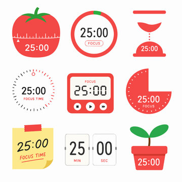 Collection of flat vector Pomodoro timer icons representing twenty-five minutes of focus.