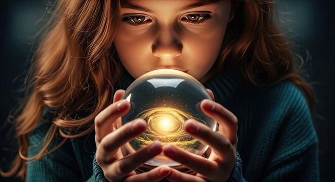 A young girl with long wavy hair looking into a glowing magical crystal ball in the dark