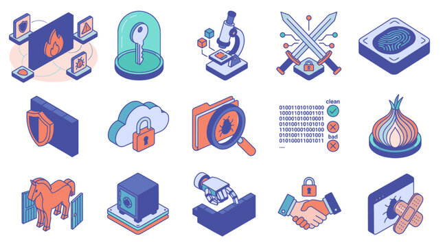 Creative Isometric of Cybersecurity Concepts with Vibrant Colors and Iconic Symbols with high quality professional line art symbols for modern creative design and digital branding projects