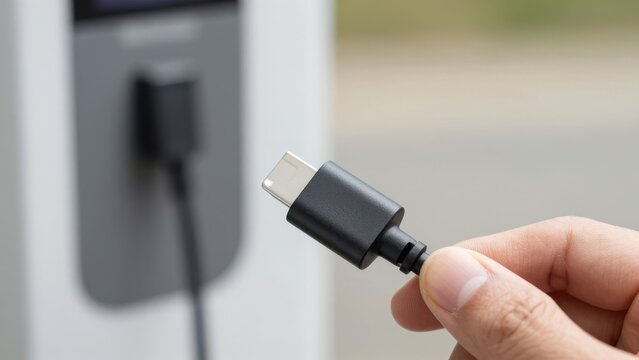 Close up of a hand holding a USB Type C charging cable connector preparing to plug it into a power adapter or mobile device in a bright modern indoor setting with soft bokeh background