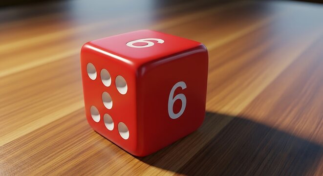 Red six-sided die on wooden surface