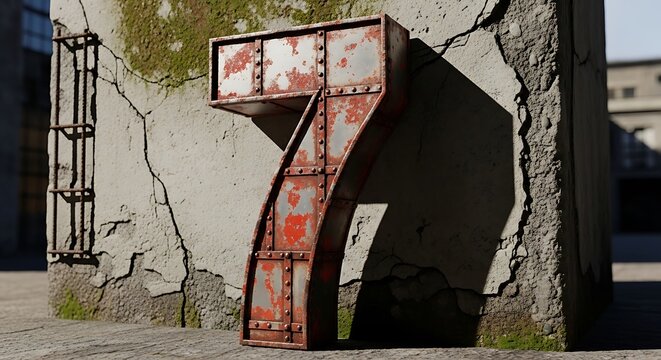 Large rusty metal number seven sculpture outdoors