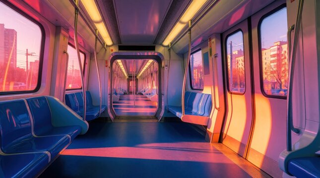 Futuristic train car interior view shows vibrant light reflections across seats and floor. People use modern city transport for daily commute journey.