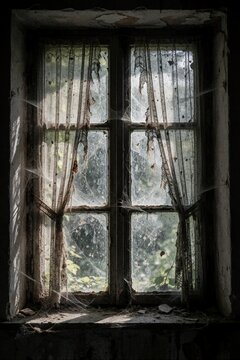 Abandoned old room view through dusty window. Torn lace curtains, thick cobwebs cover glass panes. Sunlight shines through dirty window frame in dark empty house. Creepy atmosphere of forgotten