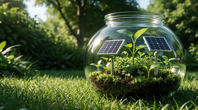 Sustainable mini ecosystem inside glass jar with small green plants, tiny solar panels. Eco friendly renewable energy concept in terrarium. Miniature garden shows clean tech, bioenergy solutions on