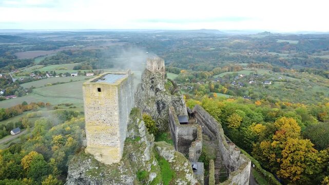 Aerial view of medieval Trosky Castle ruins in Bohemian Paradise