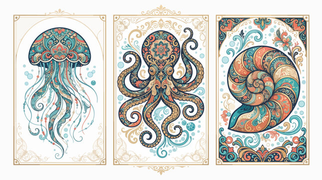 Ornate vector illustration set featuring decorative marine creatures like a jellyfish an octopus and a nautilus shell in floral style