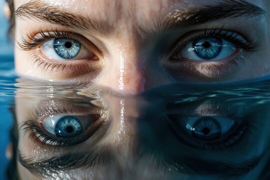 Close up of blue eyes looking through clear water surface. Reflection of face in water shows dual identity, inner self. Concept of ego, self perception, psychological awareness in deep blue ocean