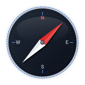 Compass icon featuring a dark circular dial with directional letters and a red and white needle.