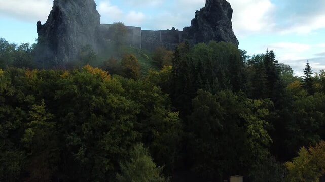 Aerial view of medieval Trosky Castle ruins in Bohemian Paradise