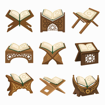 Vector illustration set of the holy Quran placed on various wooden rehal book stands.