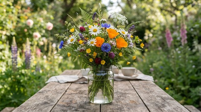 Fresh bouquet of wildflowers in rustic vase on wooden table outdoors.
