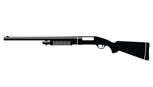 Clean black silhouette of a classic pump-action shotgun or security rifle isolated on a white background.