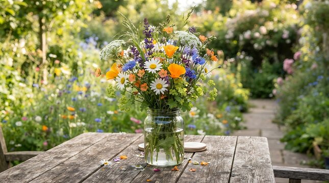 Fresh bouquet of wildflowers in a glass jar on rustic wooden table outdoors.