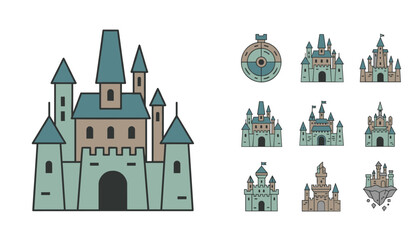 Obraz premium Set of colorful medieval castle illustrations and mini fortress icons designed in a clean flat vector style on white background.