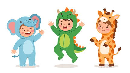 Fototapeta premium Cute Happy Children Wearing Animal Costumes Isolated on White