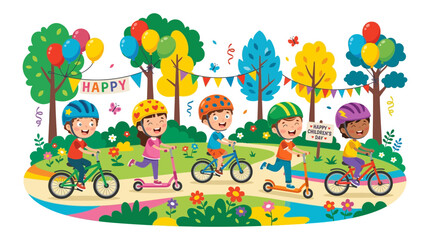 Fototapeta premium Cartoon children riding bicycles and scooters in the park