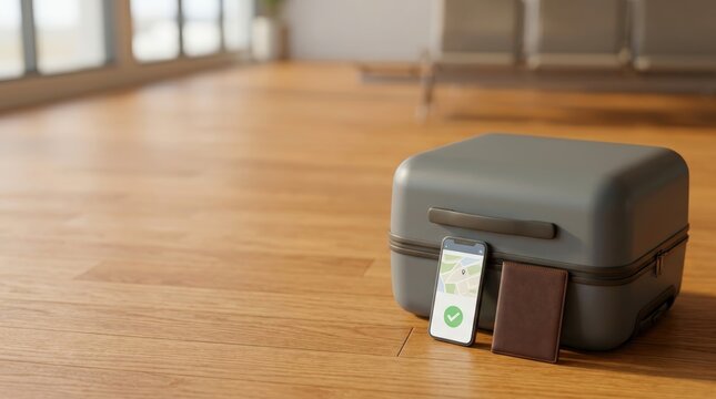 Carry - on suitcase with smartphone and passport in airport terminal