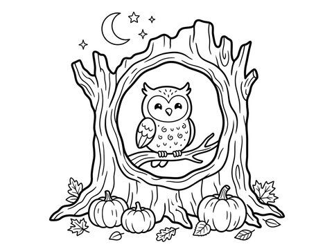 Cute owl sitting in a hollow tree trunk with pumpkins and autumn leaves coloring page for kids