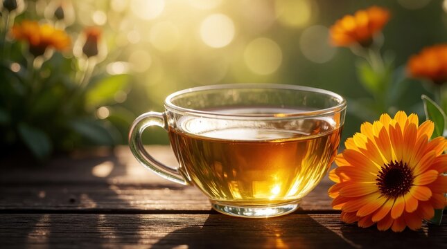 Glass cup with herbal tea sits on wooden table beside bright orange flower. Sun shines through leaves creating bokeh, warm natural light bathes serene scene. Calm drink in garden.