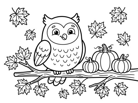 Cute owl and pumpkins on a tree branch with falling maple leaves coloring book page for children