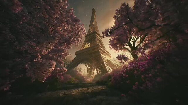 Paris, France, Europe. A vivid portrayal of the Eiffel Tower, the iconic landmark in Paris, France, bathed in the warm glow of the setting sun.
