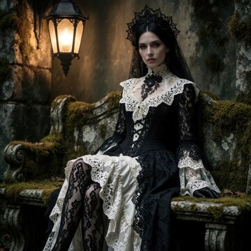 Elegant gothic woman in black lace dress sits on mossy stone bench. Mysterious victorian lady wears ornate costume under glowing lantern. Dark fantasy mood with vintage style clothes in ancient