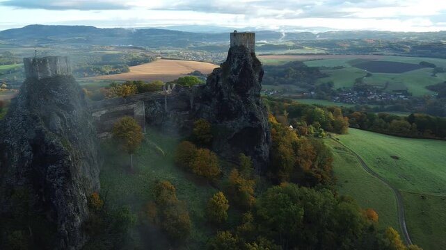 Aerial view of medieval Trosky Castle ruins in Bohemian Paradise