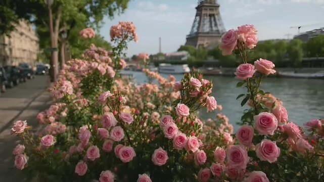 Paris, France, Europe. A vivid portrayal of the Eiffel Tower in Paris, France. The iconic structure stands tall against a clear blue sky. The foreground is filled with pink roses in full bloom.