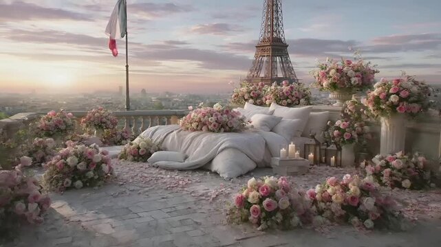 Paris, France, Europe. A romantic scene set on a balcony overlooking the Eiffel Tower at sunset. The sky is painted in soft pink and purple hues, with the sun casting a warm glow over the city below.