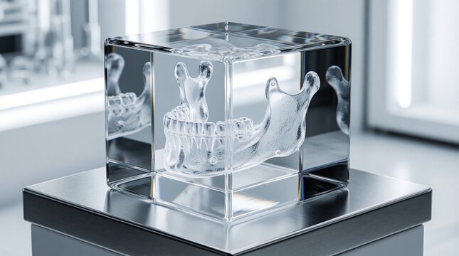 Human mandible 3d model inside glass cube on metal surface. Dental anatomy visualization for medical education maxillofacial surgery study. Digital bone structure display in clean science lab dental