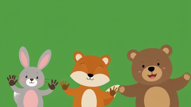 Cute cartoon forest animals walking in a line on a green background with a black divider