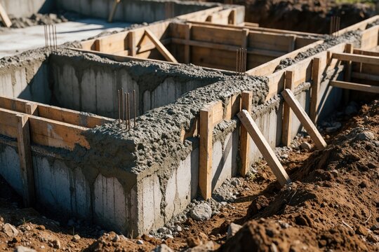 New house foundation under construction with wet concrete poured into wooden formwork. Rebar metal rods stick out from cement walls on building site. Construction worker preparing residential ground