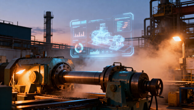 Digital holographic display projecting detailed machine schematics over industrial manufacturing plant equipment during sunset evening light