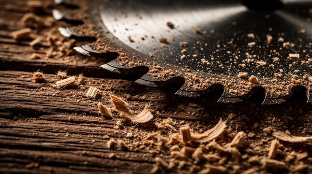 Circular saw blade rests on rustic wood table covered in sawdust and shavings. Sharp metal teeth are visible amidst wood dust, suggesting woodworking and carpentry projects.