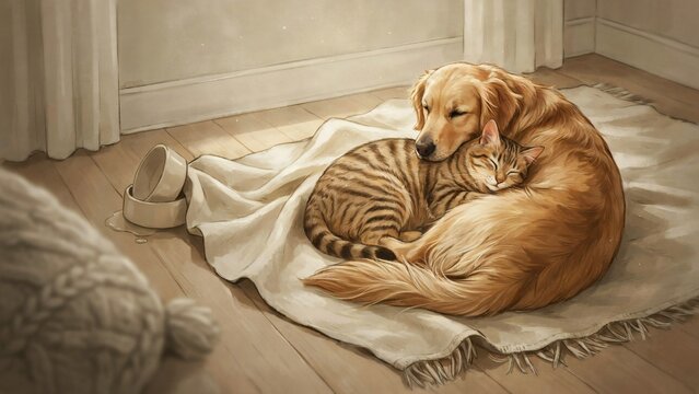 A golden retriever dog and a tabby cat sleeping together on a soft rug with curled together peacefully peacefully white blanket blanket wooden floor