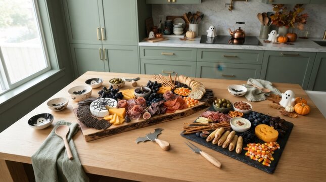 Halloween Charcuterie Board Feast: An elaborate charcuterie board brimming with a delectable assortment of cheeses, cured meats, fruits, and crackers, artfully arranged on a wooden platter.