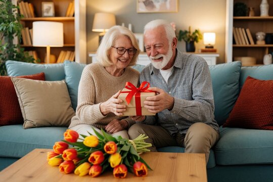 Senior couple sits on blue sofa in cozy living room. Happy elderly man gives wrapped present to smiling woman. Red tulips on wooden table near couch. Mature lovers celebrate anniversary birthday with