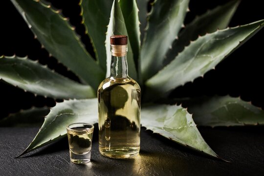 Traditional Mexican mezcal bottle with cork stopper, shot glass. Clear agave spirit sits in front of large green succulent plant. Authentic tequila mezcal drink on dark background for bar menu