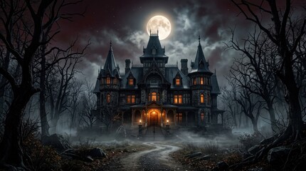 Fototapeta premium Haunted Mansion Under Moonlight: An imposing, gothic mansion shrouded in mist and darkness, illuminated by a pale full moon. Silhouetted, gnarled trees surround the eerie estate.
