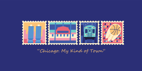 Naklejka premium Chicago travel vector banner with vintage postage stamps line collection of city landmarks marina city basketball and train over quote typography isolated on dark blue background