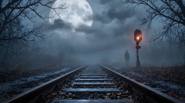 A spooky halloween special background featuring abandoned train tracks under a glowing full moon in a dark misty night forest