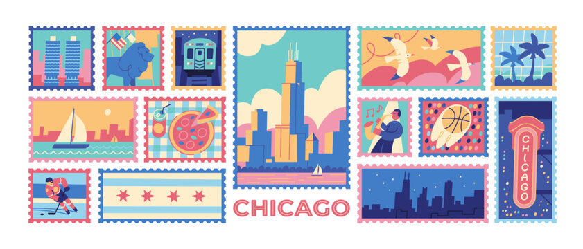 Chicago travel horizontal banner vector illustration with vintage postage stamps collage of city landmarks architecture typography hockey sports jazz music and food symbols in retro style