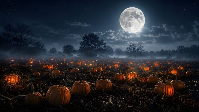 A spooky halloween special background featuring a glowing pumpkin patch under a bright full moon in a dark night sky