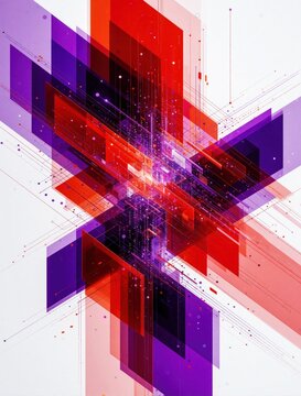 Abstract geometric art with red, purple rectangles. Futuristic digital storage design shows binary information flow in cosmic space. Vibrant tech background features colorful shapes, data compression