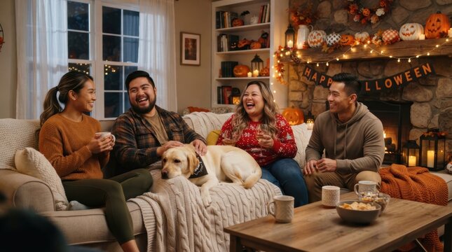 Cozy Halloween Gathering: A group of friends and a golden retriever enjoy a warm and festive Halloween celebration in a cozy living room, filled with seasonal decorations and laughter.