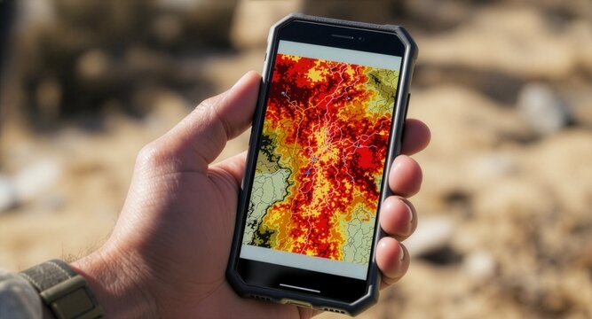 Hand holding a rugged smartphone displaying a red and yellow heat map or topography map application outdoors, representing navigation technology, climate monitoring, and outdoor tracking.