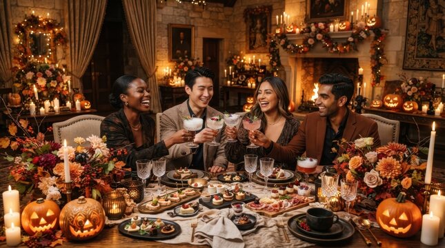 Halloween Feast: Four friends gather around a beautifully decorated table, adorned with pumpkins, candles, and autumnal floral arrangements.