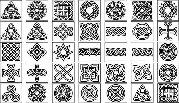 Set of Celtic knotwork and geometric black silhouette icons featuring intricate interlace patterns and border designs vector illustration